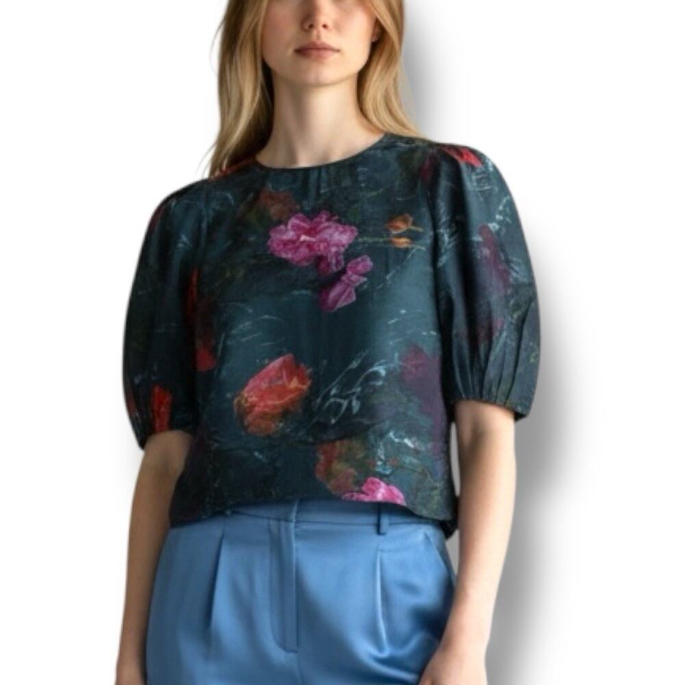 Ted Baker London Size 0 XS Gray Floral Puff Sleeve Blouse Top